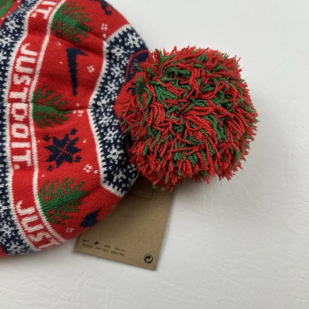 Nike Christmas Pom Beanie Hat Red Reindeer Just Do It Cuffed One Size NWT